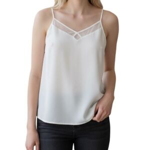 DYNAMITE Ivory Mesh Detail V-Neck Cami Slip Tank Top Keyhole Coquette Size M